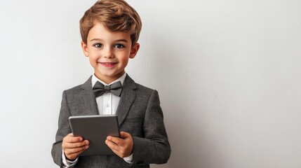 A cheerful boy in formal attire poses with a tablet, exuding joy and curiosity, capturing the essence of modern technology in childhood.