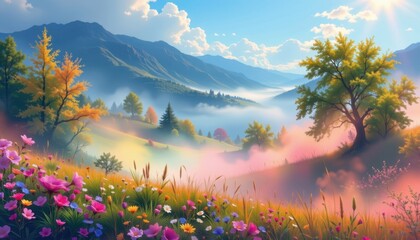 Colorful Mist Illustrate a dreamy landscape surrounded by colorful mist that hugs the ground and playfully interacts with light.