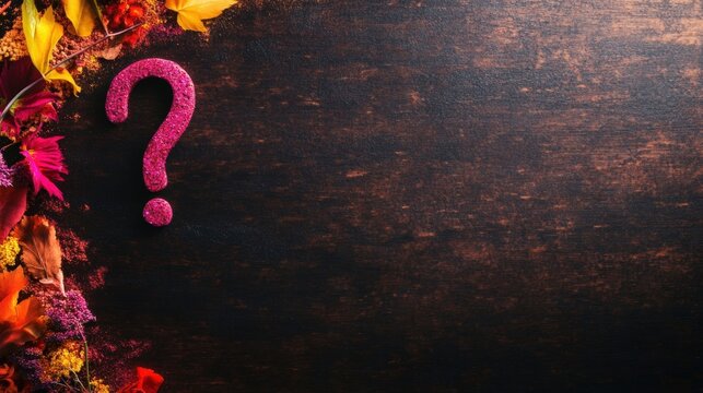 Vibrant autumn flowers frame a prominent question mark, resting on a textured dark wooden surface, creating a contemplative atmosphere