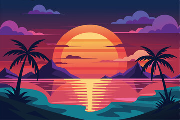 Tropical beach sunset with palm trees and waves