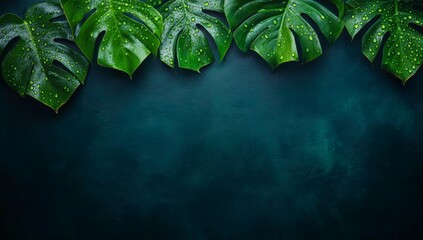 A flat lay scene featuring fresh green monstera leaves with water droplets, evoking the vibrancy of spring or summer