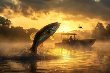 The Angler's Prize: A dynamic capture of a leaping fish during a captivating sunrise, showcasing nature's grandeur and the thrill of angling. A lone boat is fishing in the tranquil water