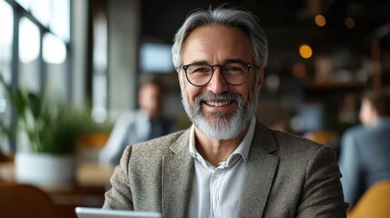 Happy Mature Businessman Using Tablet in Modern Cafe with Natural Light