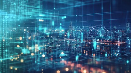 Fototapeta premium A digital cityscape at night, featuring glowing data patterns and a vibrant skyline, suggesting a fusion of technology and urban life.
