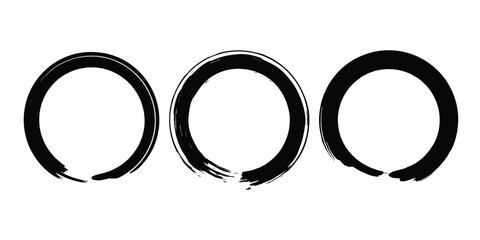 Set of black grunge paintbrush strokes. Enso Zen symbol. Circular label, logo, text frame, banner, emblem, badge. Grunge design element. Isolated. Distress texture. Ink brush strokes