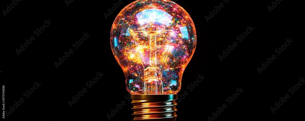 Poster light bulb bursting with colorful, radiant energy, symbolizing a creative explosion of innovation an