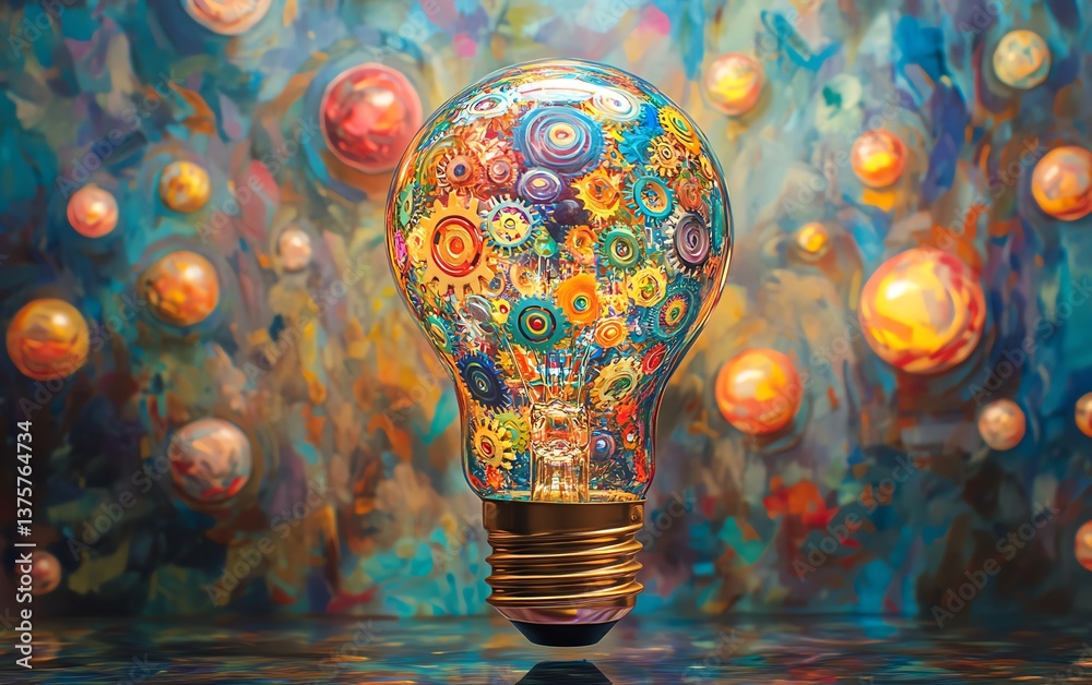 Poster light bulb filled with colorful gears, symbolizing the fusion of creativity and innovation, set agai