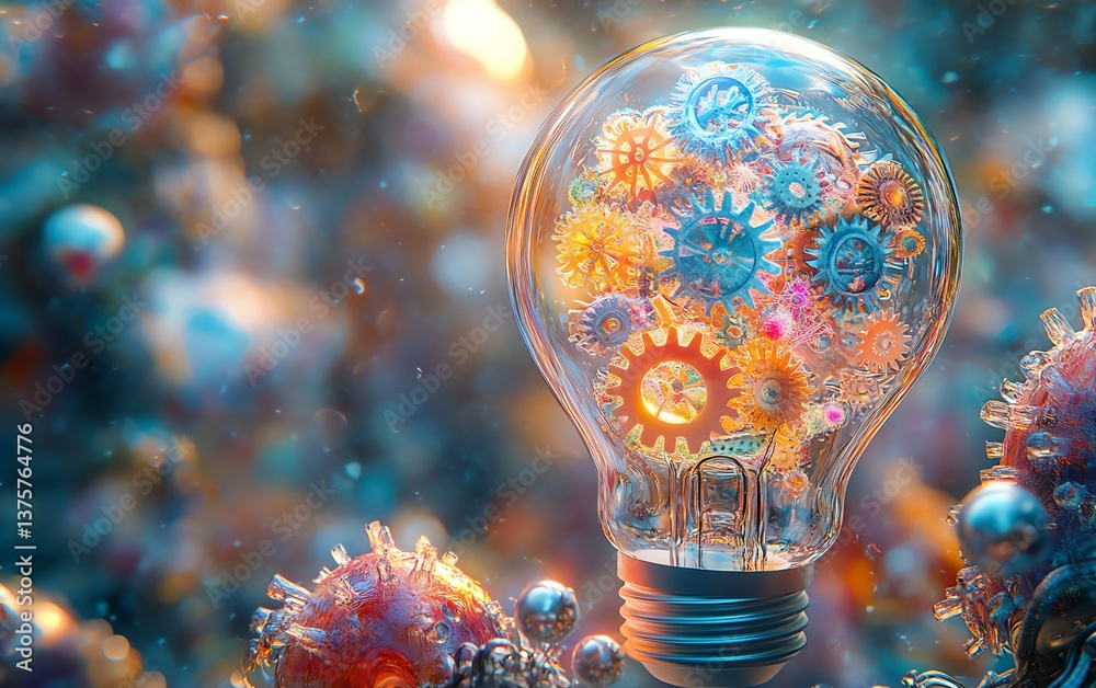 Poster light bulb filled with vivid, multicolored gears, representing innovation and creativity, glowing so