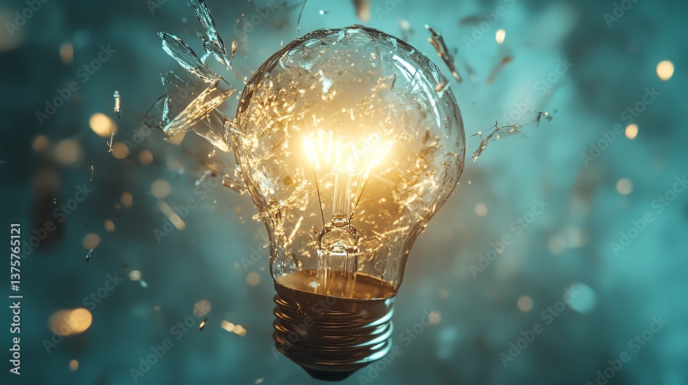 Aufkleber 3d exploding light bulb against a blue background, symbolizing breakthrough ideas, creative thinking