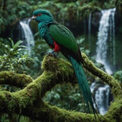 Obraz premium Resplendent Quetzal perched on a mossy branch, with waterfalls in the background.