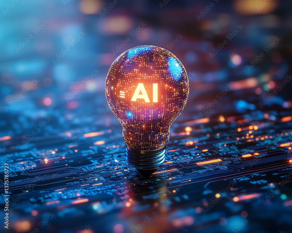 Poster a glowing light bulb with a microchip and the text ai illuminated, against a modern blue background,