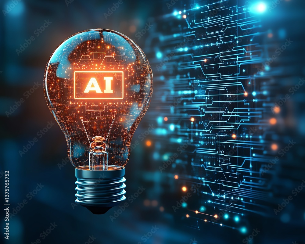 Aufkleber a glowing light bulb with a microchip and the text ai illuminated, against a modern blue background,