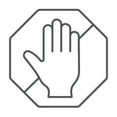 Obraz premium Do not touch hand thin line icon, city museum concept. Vector graphics. Human hand palm crossed, forbidden sign on white background, outline style icon for mobile or web design.