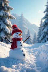 Fototapeta premium Snowy landscape with a happy snowman standing in the distance, peaceful atmosphere, snowy landscape