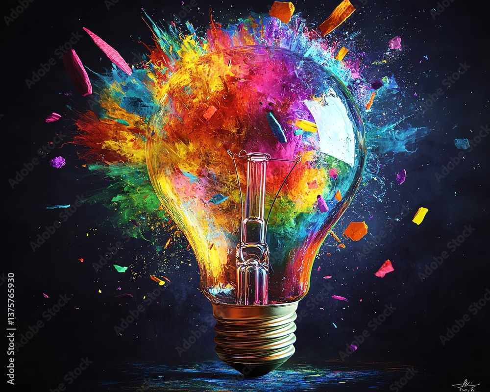 Aufkleber a light bulb exploding with vibrant colors and pieces flying in all directions, symbolizing the sudd