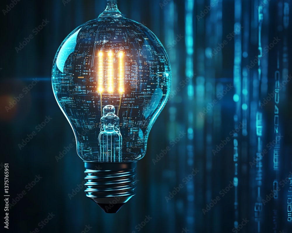 Aufkleber a light bulb with a microchip and the glowing text ai, set against a blue digital background, repres
