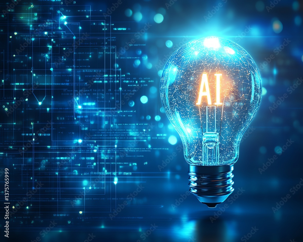 Aufkleber a light bulb with a microchip and the glowing text ai, set against a blue digital background, repres