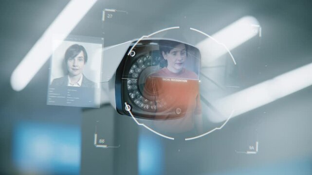 Advanced Airport Security System: Close Up of CCTV Camera with Biometric Facial Recognition Scanning Technology. Video Surveillance System at Passport Control with AI-powered Identification of People.