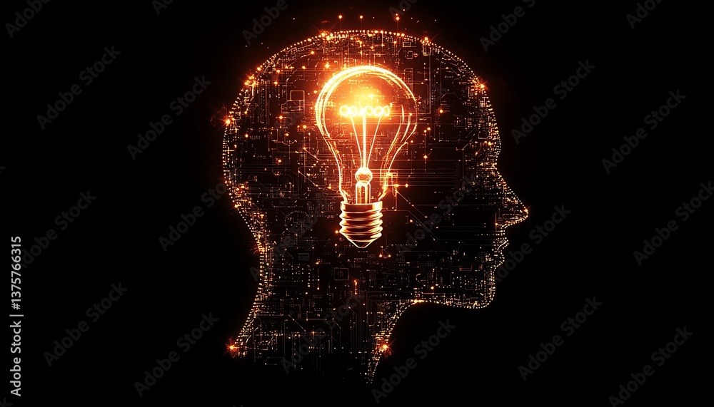 Leinwandbilder creative digital head with circuits and gears, light bulb above symbolizing new ideas and the mergin