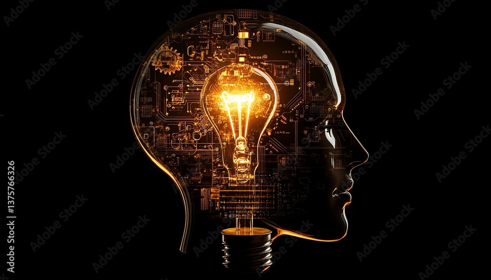 Leinwandbilder creative digital head with circuits and gears, light bulb above symbolizing new ideas and the mergin