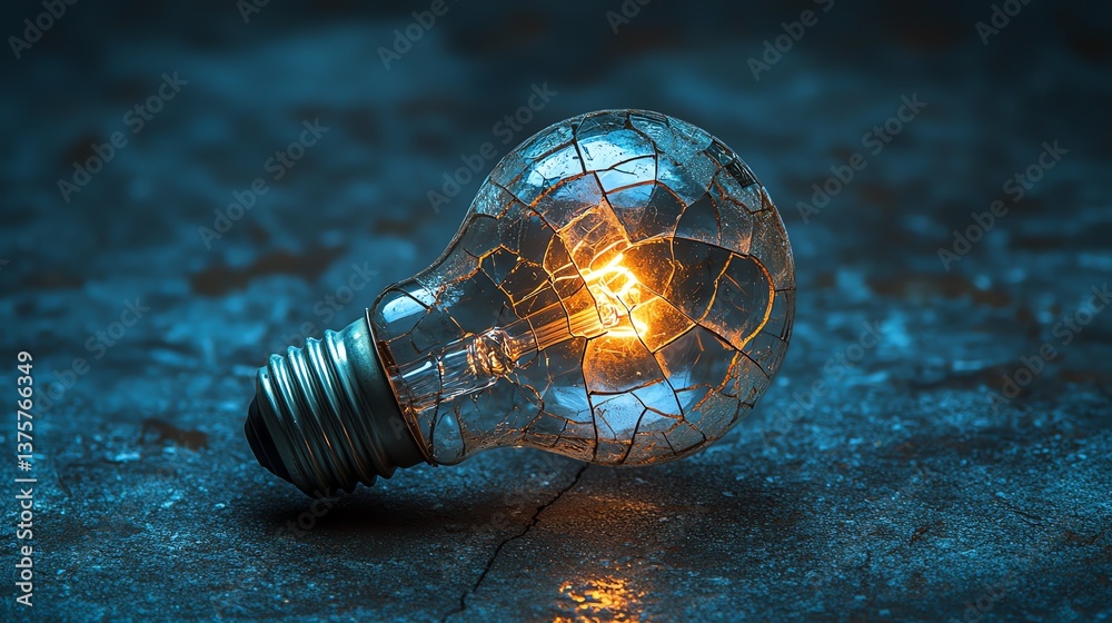 Poster cracked light bulb with soft glow on a dark surface, representing innovation, broken ideas, and the 