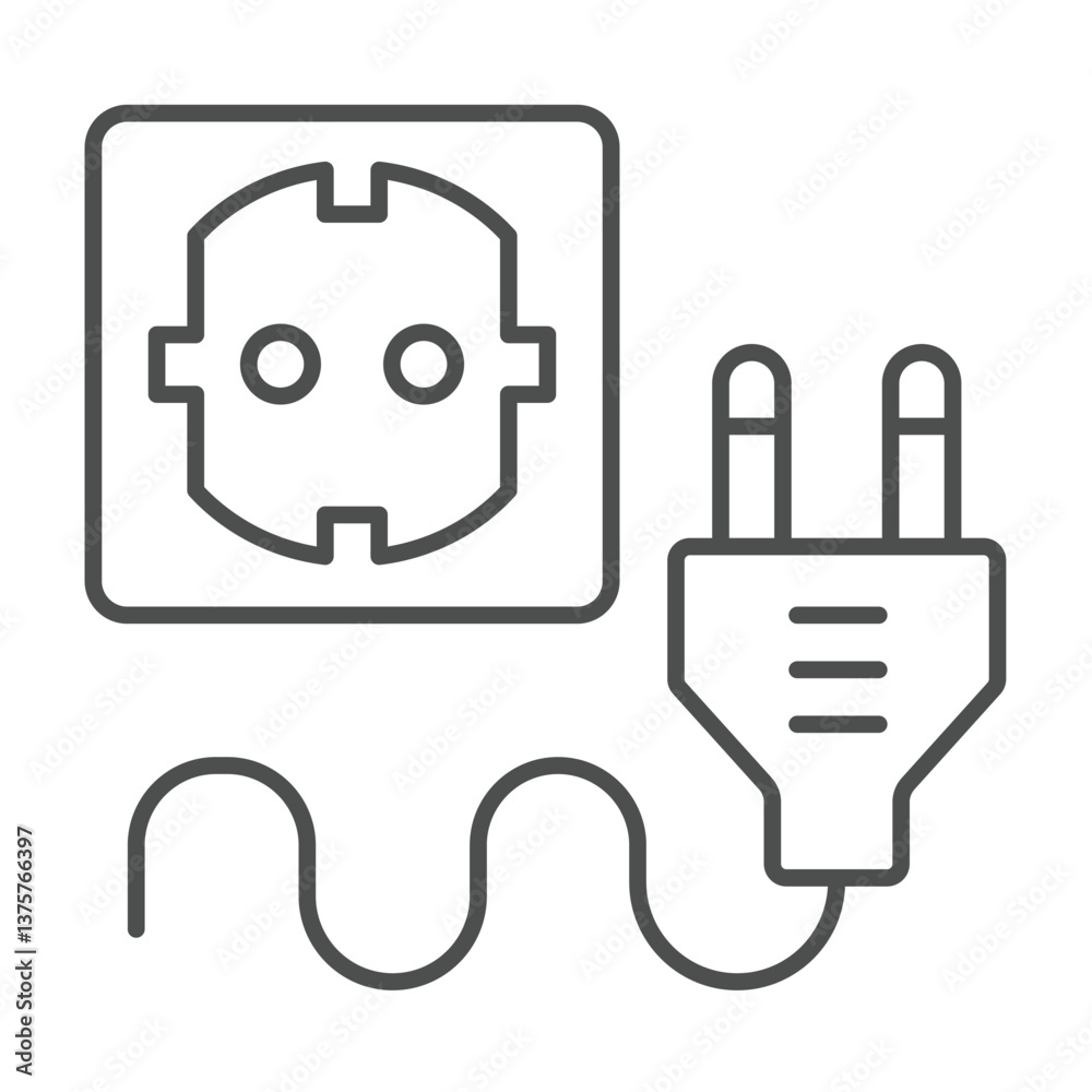 Poster fork plug with cord and socket thin line icon, electrician service concept. vector graphics. socket 