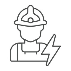 Electrician with helmet and lightning thin line icon, electrical service concept. Vector graphics. Handy man with flashlight sign on white background, outline style icon for mobile or web design.