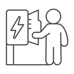 Electrician and wires box with lightning thin line icon, electrical service concept. Vector graphics. Human and electricity sign on white background, outline style icon for mobile or web design.