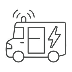 Electrical laboratory car thin line icon, electrical service concept. Vector graphics. Vehicle with lightning and siren sign on white background, outline style icon for mobile or web design.