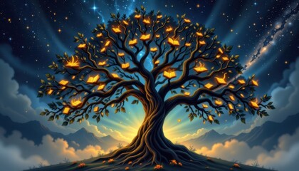 Starlit Tree of Knowledge Imagine an ancient tree with branches full of glowing books and constellations, surrounded by a mysterious fog.
