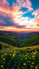 Vibrant Wildflower Hills at Sunset