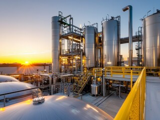 Modern propane processing plant at sunset with machinery storage tanks and business operations in the background. Sunset refinery silhouette.