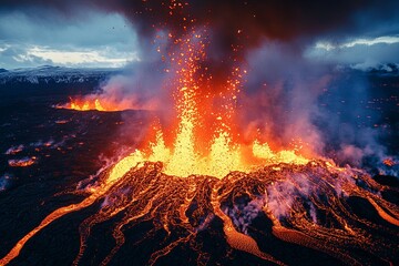 An erupting volcano with flowing lava and dark smoke billowing