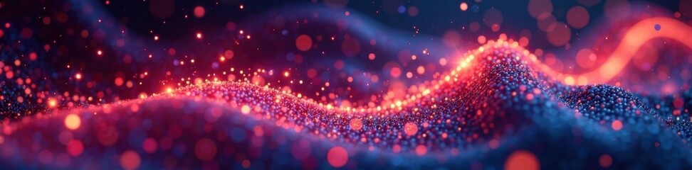 Swirling particles of light dance across a distorted mesh background, particles, abstract, mesh