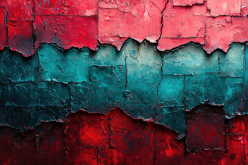 Obraz premium Abstract painting with vibrant red and teal hues, textured with cracked paint effect.