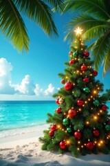 Tropical beach with isolated Christmas tree adorned with twinkling lights and colorful ornaments against serene turquoise waters, sunset, landscape, christmas tree