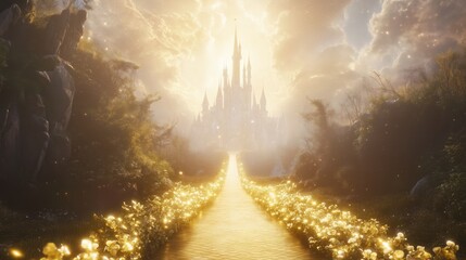 Obraz premium yellow brick road leading to the emerald city castle