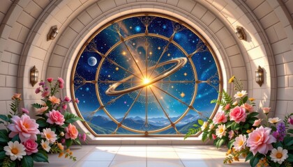 Obraz premium Celestial Observatory Create an observatory scene with a grand window revealing a starry sky and celestial bodies, with delicate floral designs around the edges.