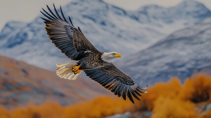 Fototapeta premium Majestic bald eagle soaring gracefully against a backdrop of snow-capped mountains and autumn foliage.