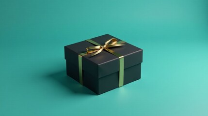 A dark square gift box with a gold ribbon sits on a teal background, ready for a special occasion.