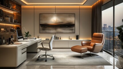 Fototapeta premium Luxurious modern home office interior featuring stylish furniture, a stunning view, and sophisticated decor elements