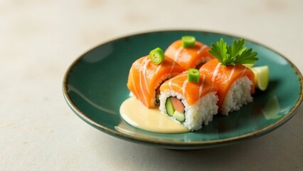 Delicious Salmon Sushi Rolls with Creamy Sauce on Teal Plate