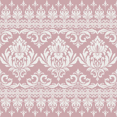 Elegant White and Pink Damask Pattern with Ornamental Floral Border for Luxury Interior Decor. Vector Illustration.