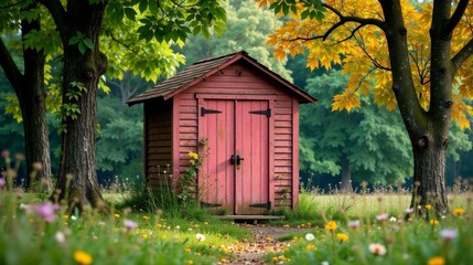 Rustic Pink Shed Nestled Amidst Vibrant Autumnal Foliage and Blooming Wildflowers in a Serene Meadow