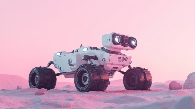 A futuristic robotic rover explores an alien landscape under a soft pink sky, showcasing advanced technology in an otherworldly environment.