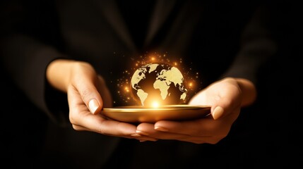 Woman's Hands Gently Holding a Glowing Golden Earth Globe