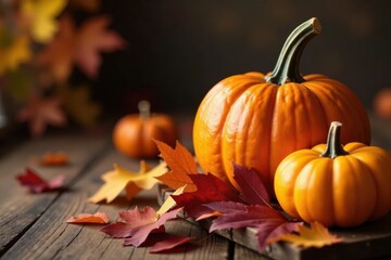 Warm pumpkin arrangement on a wooden table amidst fall leaves and branches, creating a cozy atmosphere , dark wood,