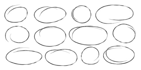 Sketch hand drawn circle ellipse frame set with brush strokes. Doodle black line emphasis elements. Perfect for highlight, infographic, poster, social media, note, web graphic, promotion material
