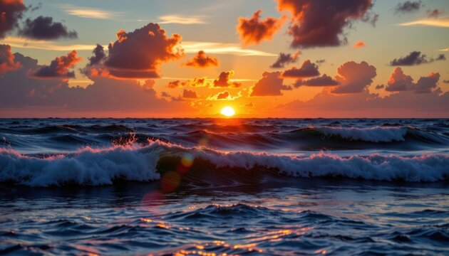 Sunset Over Ocean Waves Create a dramatic sunset where the sun dips below the horizon, casting vibrant colors on rolling ocean waves and fluffy clouds.