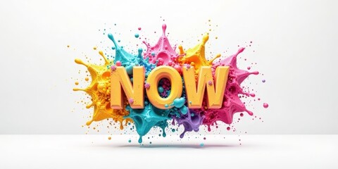A vibrant explosion of color showcasing the word NOW, representing immediacy and action